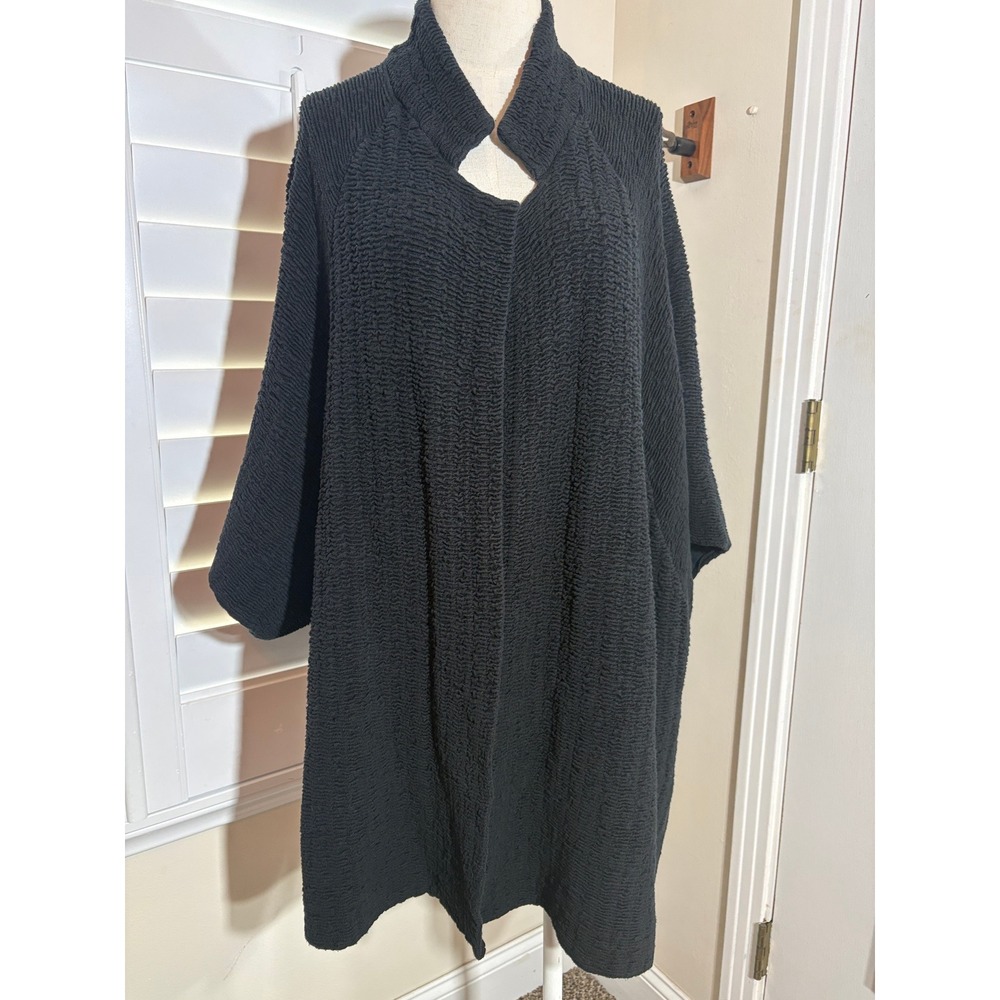 Eileen Fisher Heavy Cardigan XL Black Silk Blend Crinkle Open Front Lagenlook